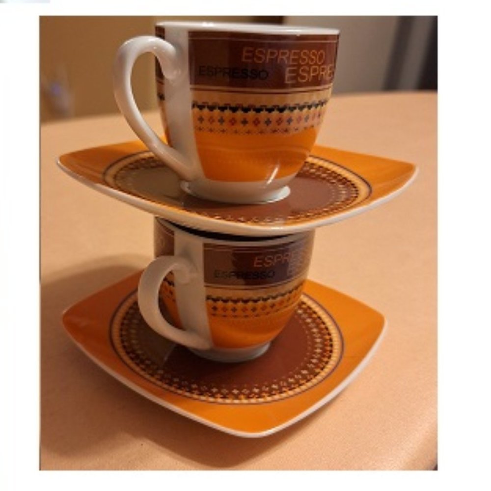 Imusa Espresso Coffee Cup & Saucer Sets / 2 Cups 2 Saucers Orange Brown & White